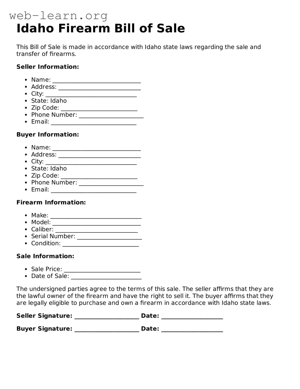 Attorney-Approved Firearm Bill of Sale Document for the State of Idaho