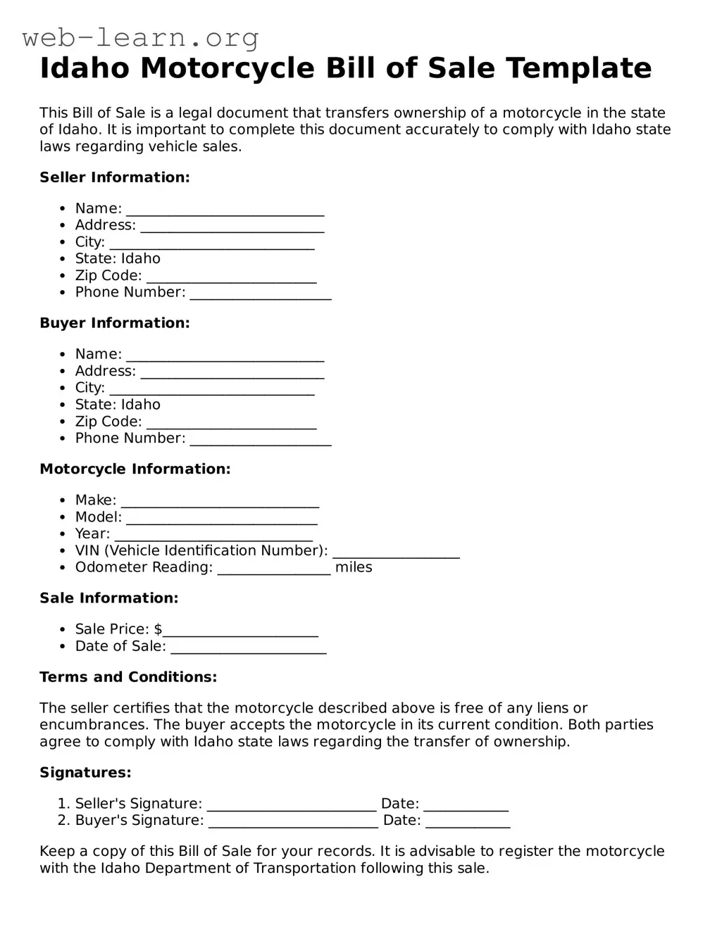 Attorney-Approved Motorcycle Bill of Sale Document for the State of Idaho
