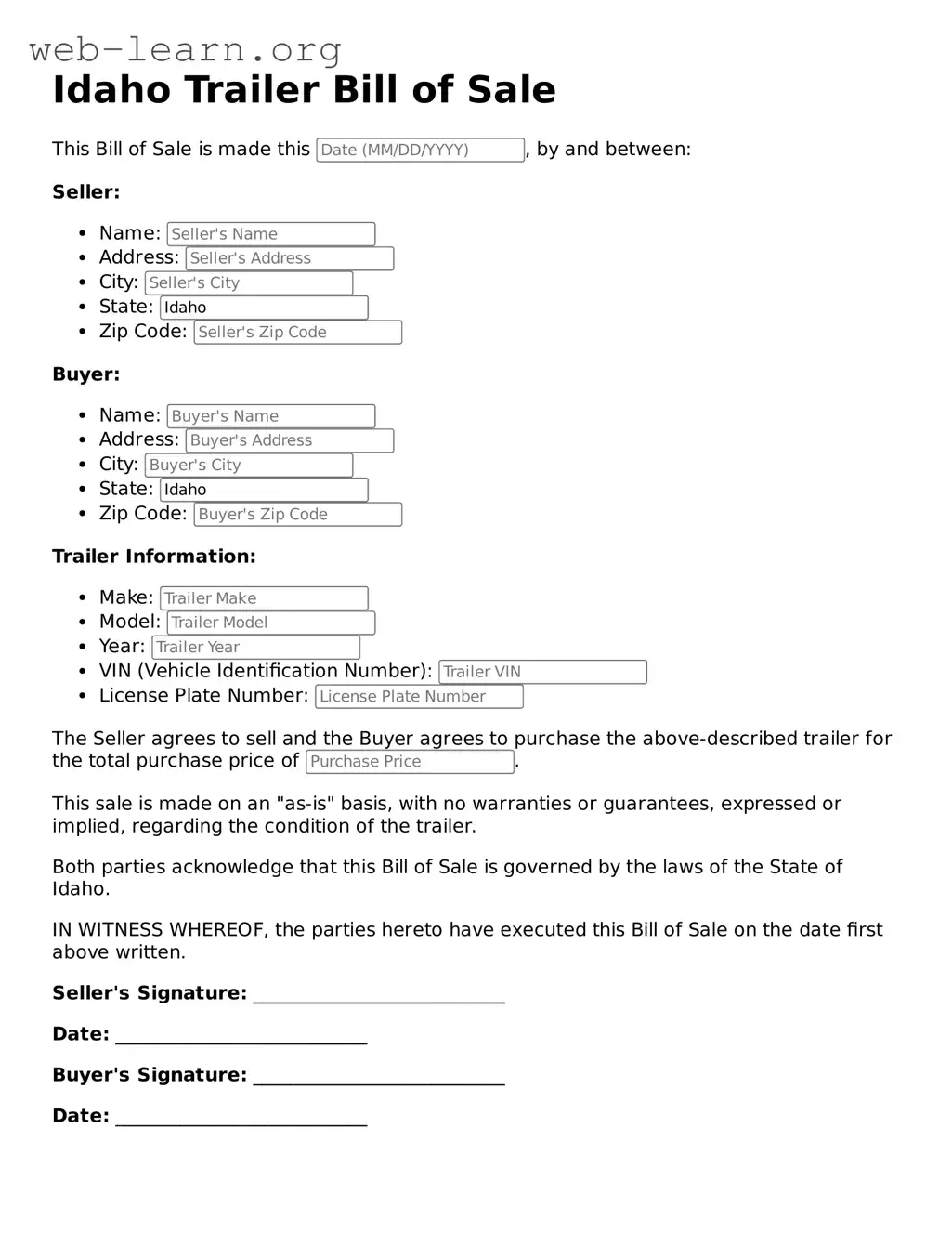 Attorney-Approved Trailer Bill of Sale Document for the State of Idaho