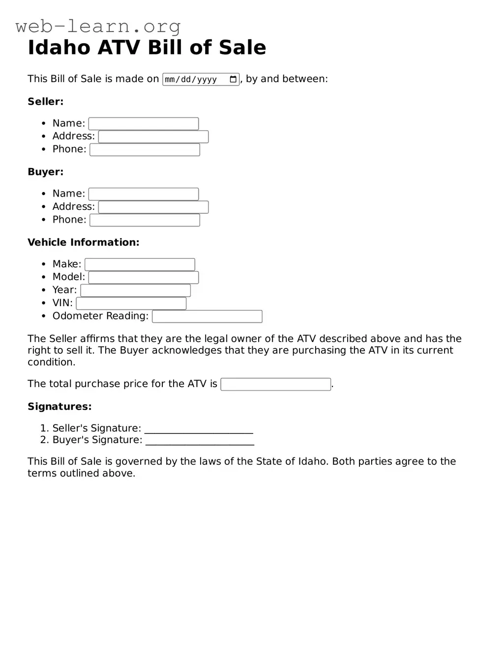 Attorney-Approved ATV Bill of Sale Document for the State of Idaho