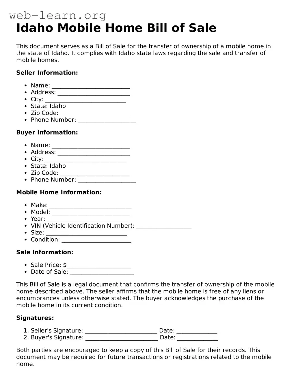 Attorney-Approved Mobile Home Bill of Sale Document for the State of Idaho
