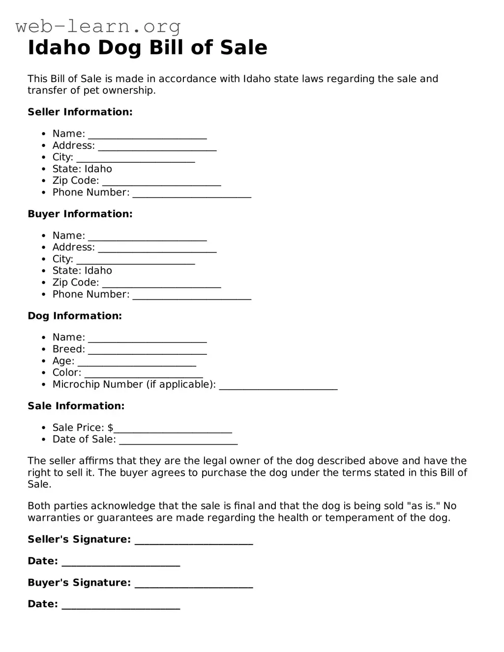 Attorney-Approved Dog Bill of Sale Document for the State of Idaho