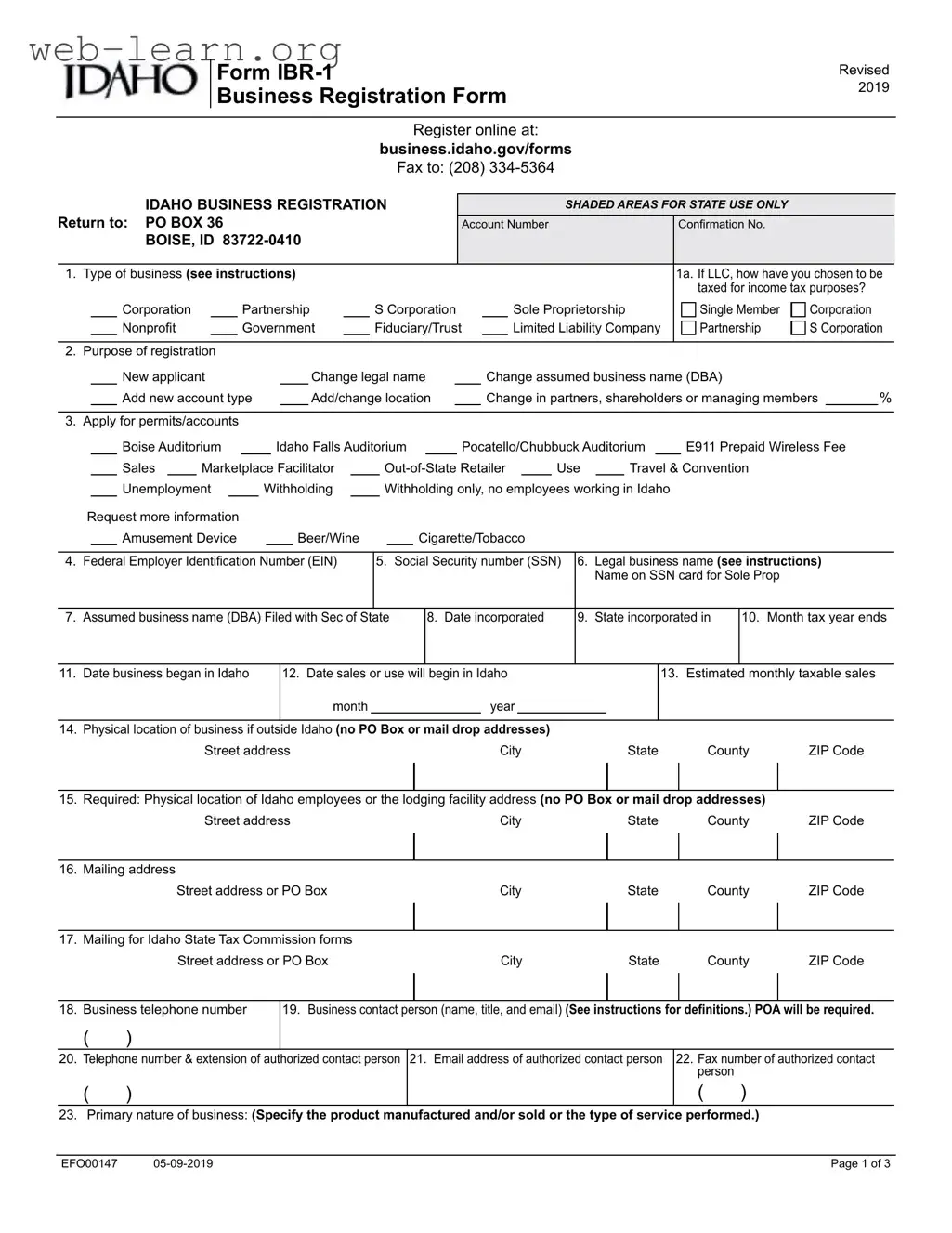 Blank Idaho Business Registration Form