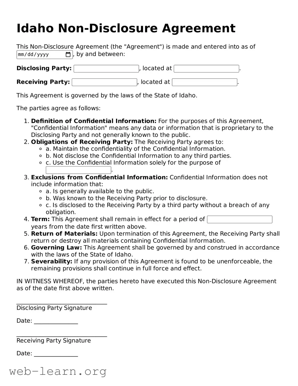 Attorney-Approved Non-disclosure Agreement Document for the State of Idaho