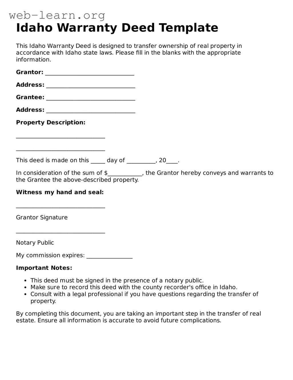 Attorney-Approved Deed Document for the State of Idaho