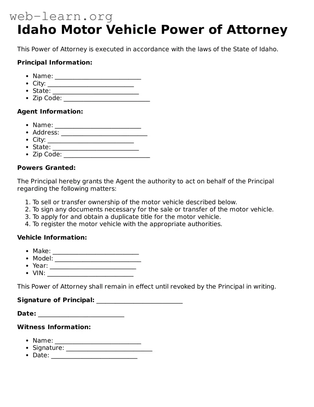 Attorney-Approved Motor Vehicle Power of Attorney Document for the State of Idaho