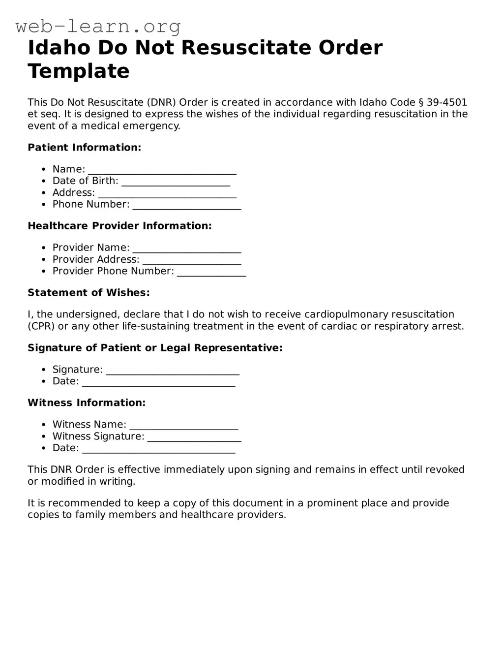 Attorney-Approved Do Not Resuscitate Order Document for the State of Idaho