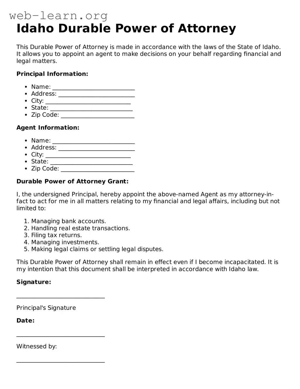 Attorney-Approved Durable Power of Attorney Document for the State of Idaho