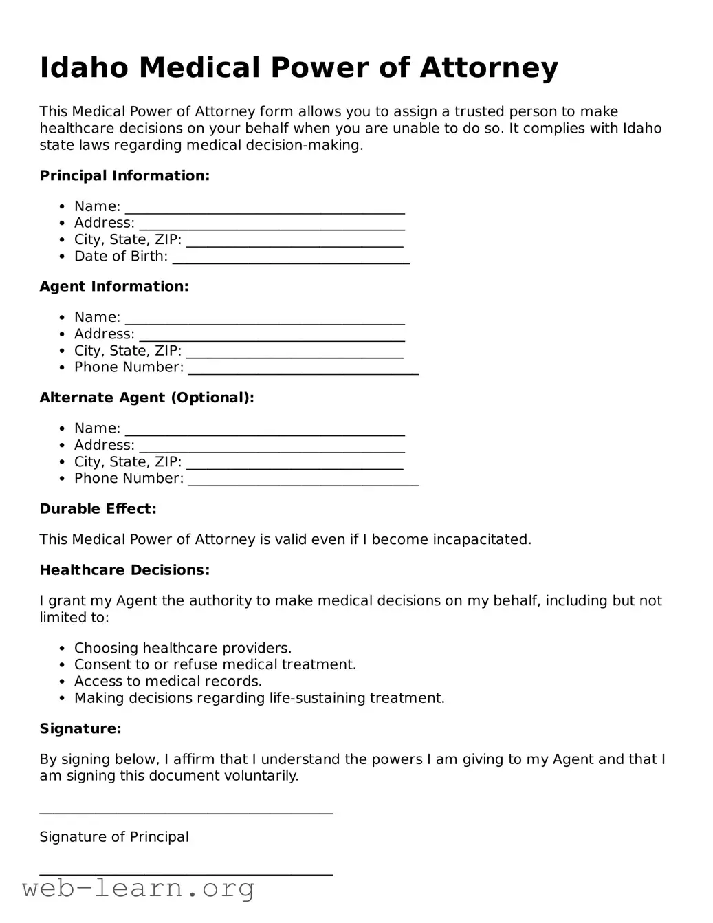 Attorney-Approved Medical Power of Attorney Document for the State of Idaho