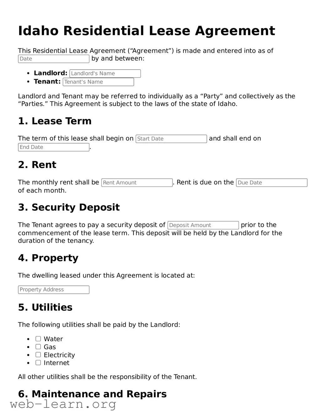 Attorney-Approved Residential Lease Agreement Document for the State of Idaho