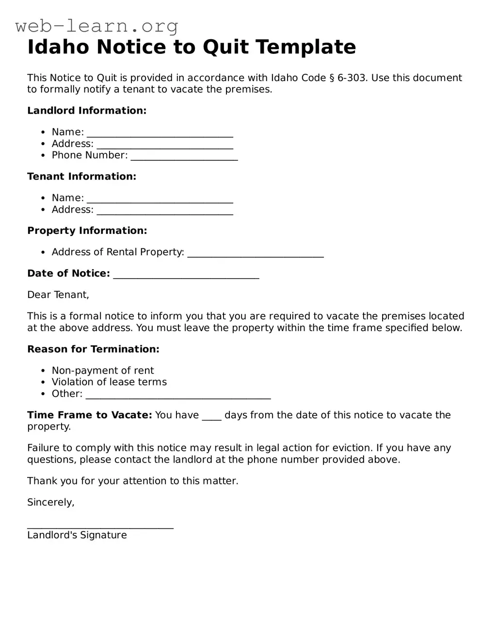 Attorney-Approved Notice to Quit Document for the State of Idaho