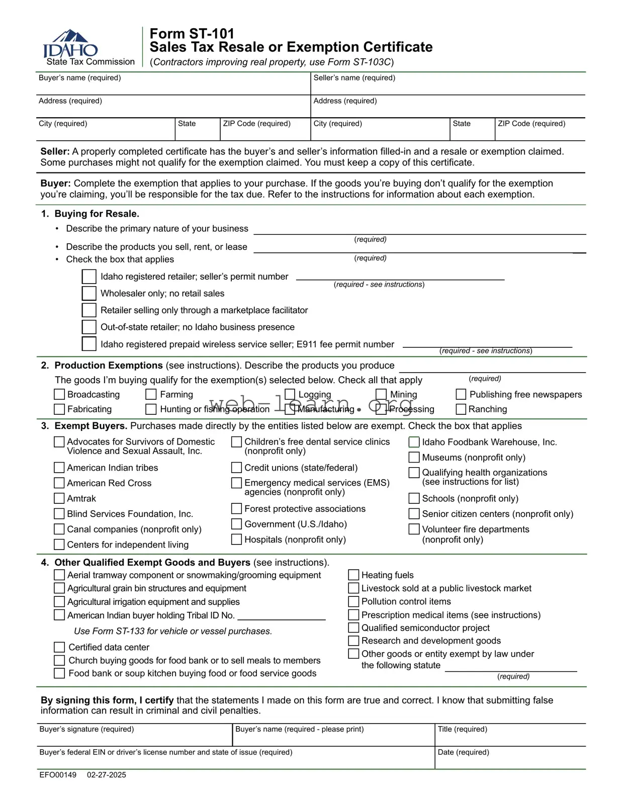 Blank St 101 Idaho Form