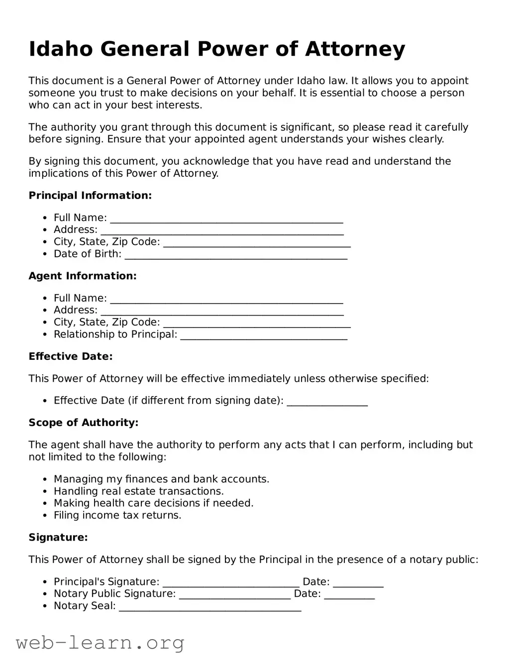 Attorney-Approved General Power of Attorney Document for the State of Idaho