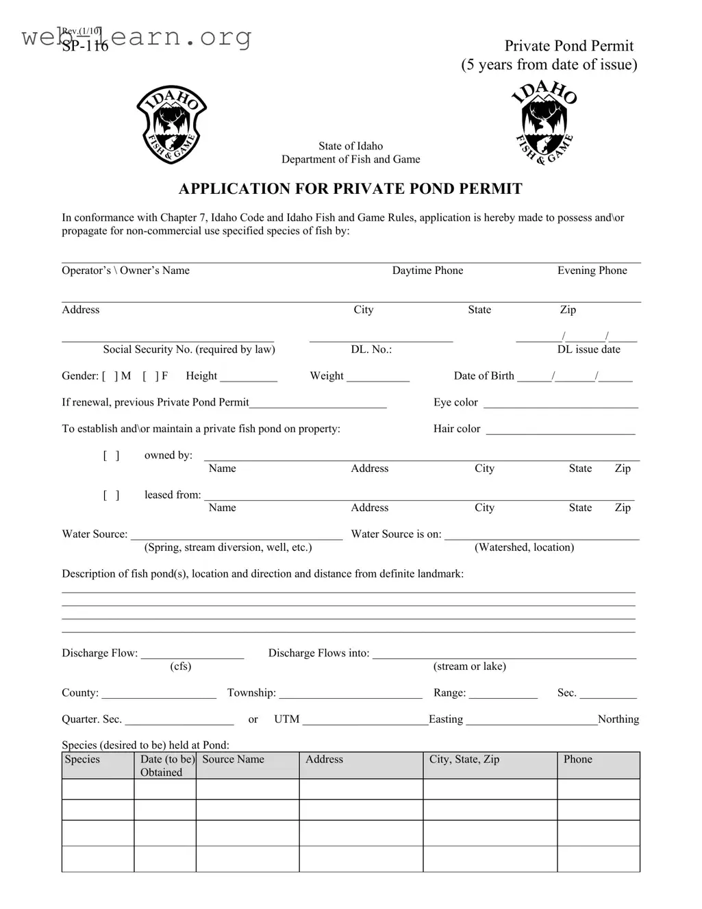 Blank Idaho Sp 116 Form