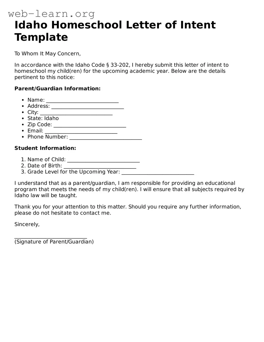 Attorney-Approved Homeschool Letter of Intent Document for the State of Idaho