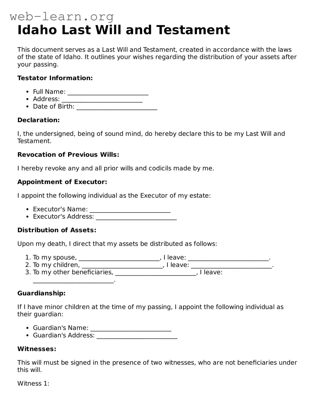 Attorney-Approved Last Will and Testament Document for the State of Idaho
