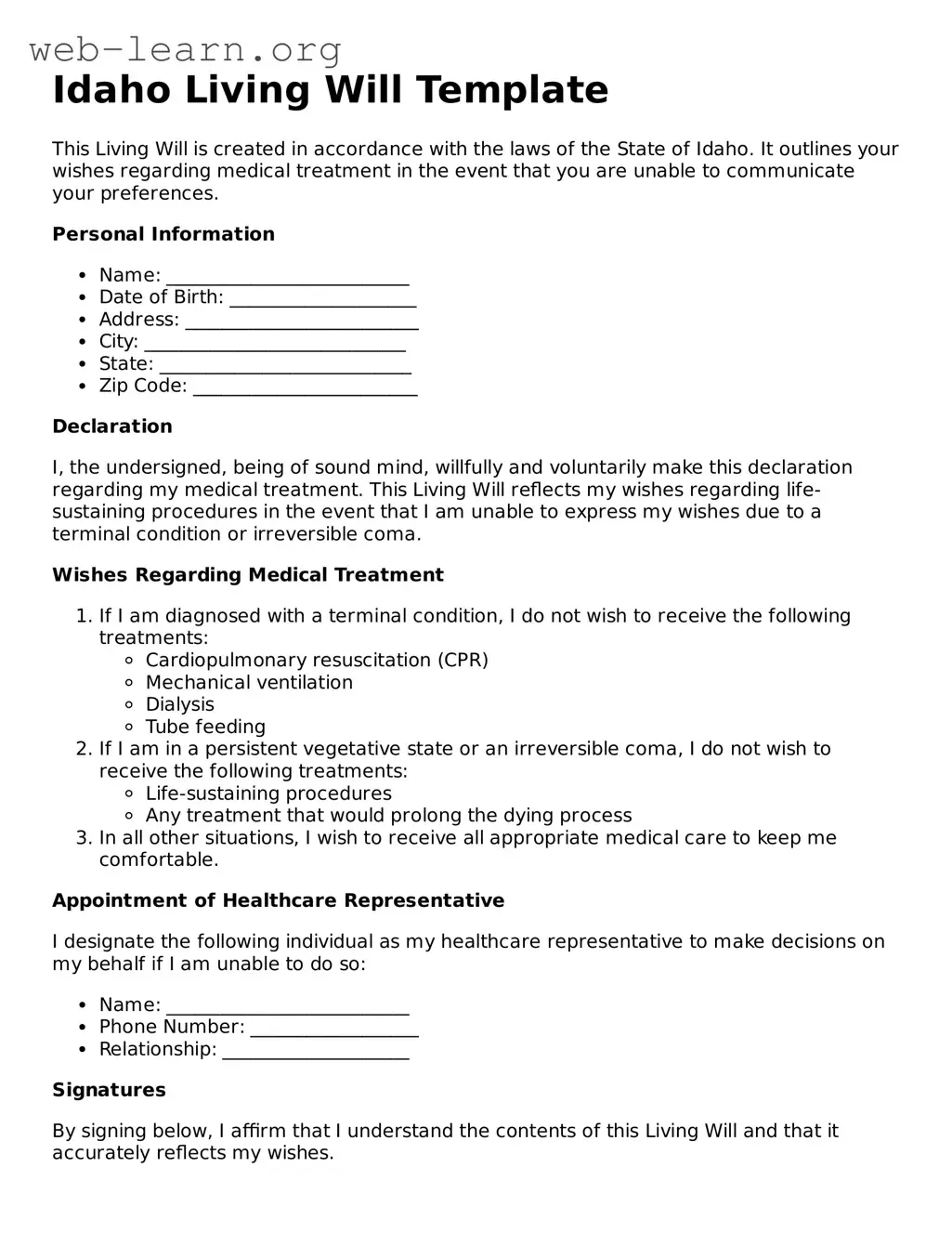 Attorney-Approved Living Will Document for the State of Idaho