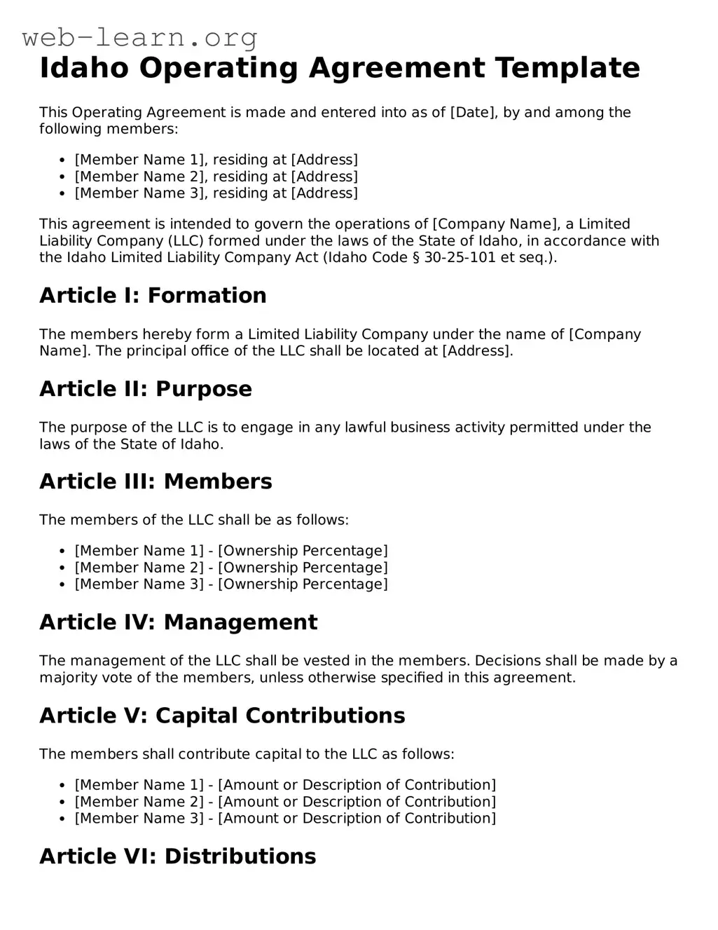 Attorney-Approved Operating Agreement Document for the State of Idaho