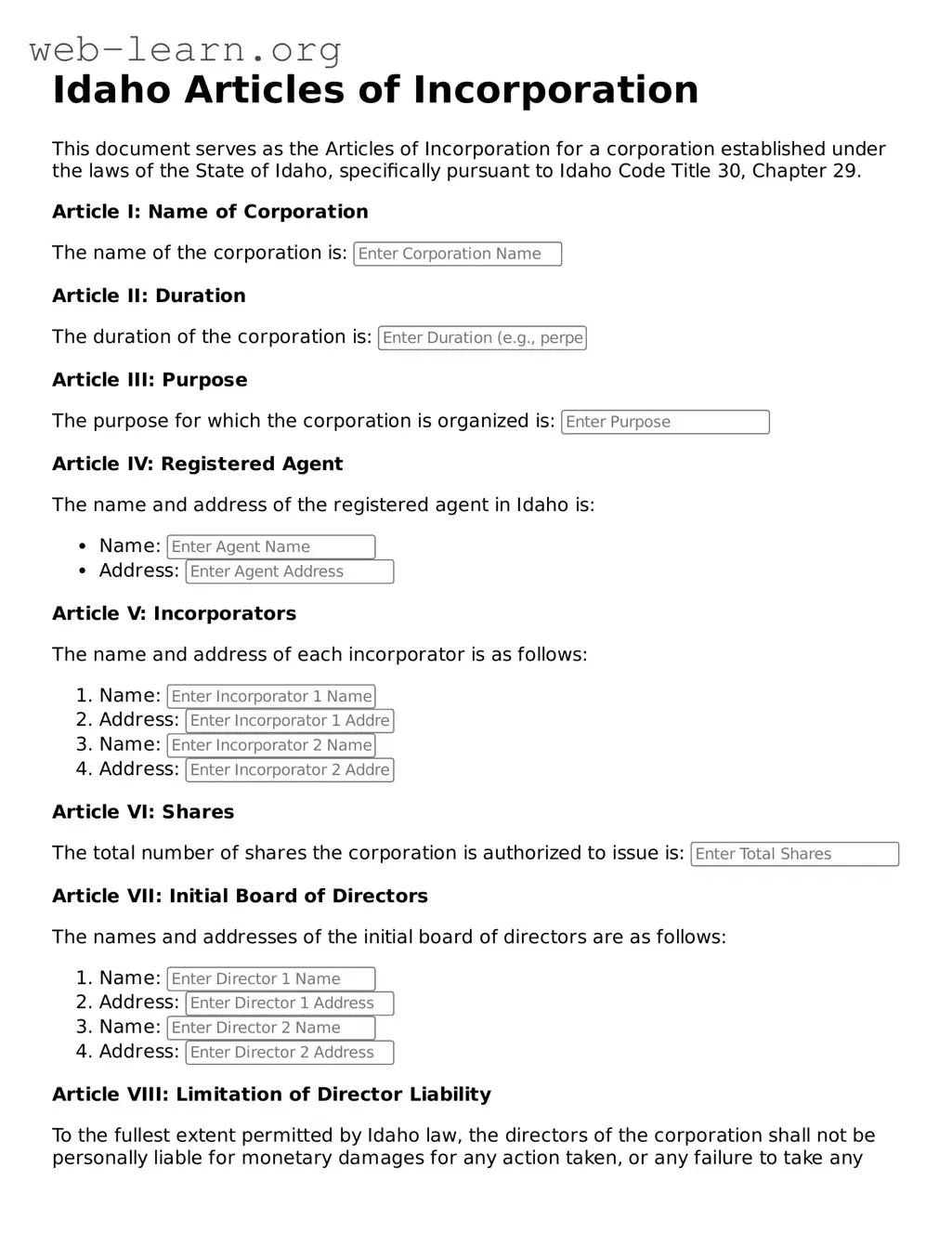 Attorney-Approved Articles of Incorporation Document for the State of Idaho