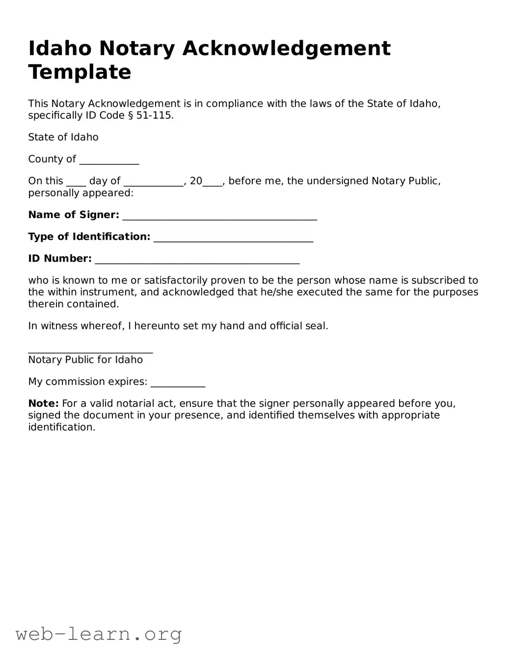 Attorney-Approved Notary Acknowledgement Document for the State of Idaho