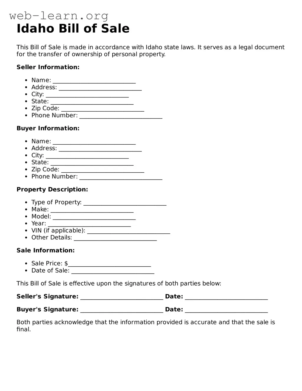 Attorney-Approved Bill of Sale Document for the State of Idaho