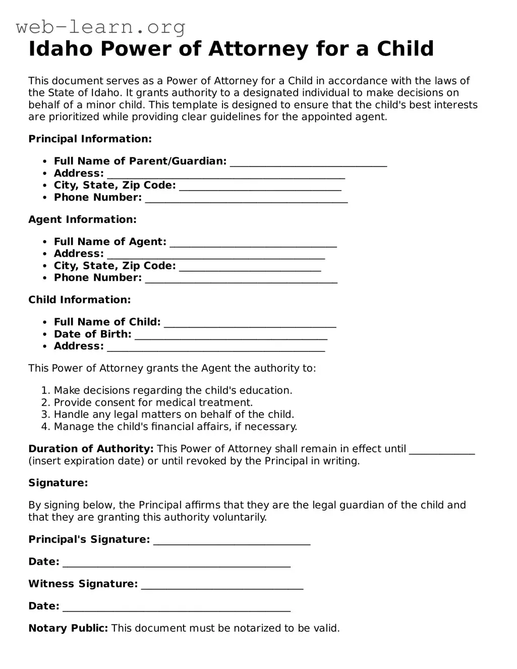 Attorney-Approved Power of Attorney for a Child Document for the State of Idaho