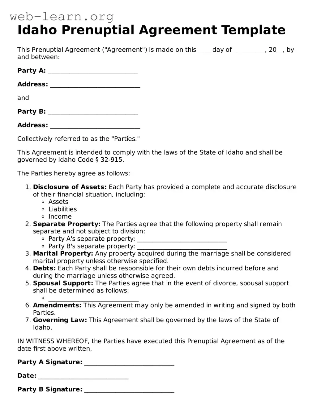 Attorney-Approved Prenuptial Agreement Document for the State of Idaho
