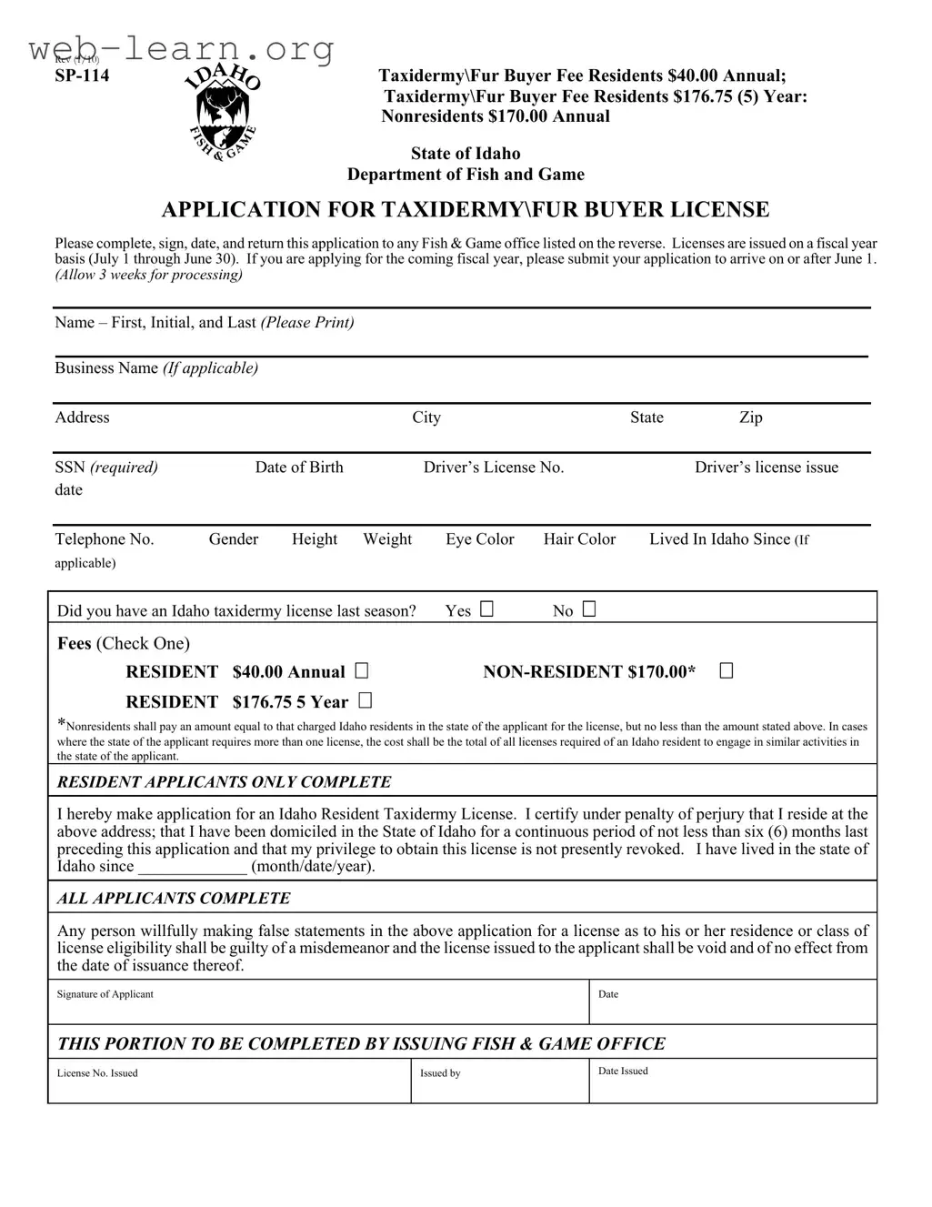 Blank Idaho Sp 114 Form