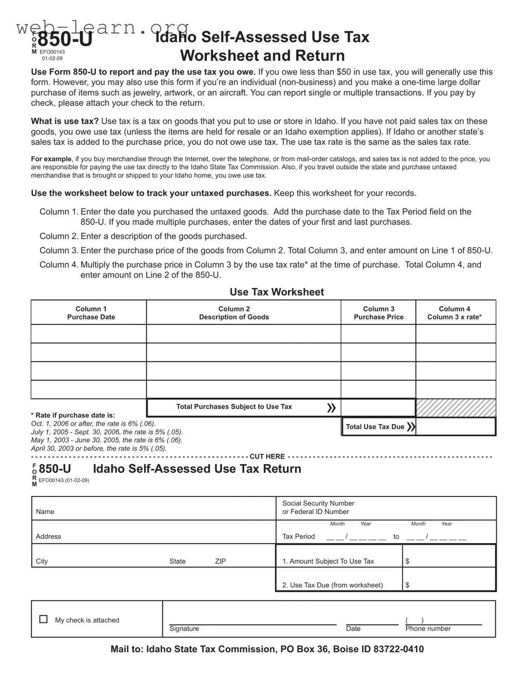 Blank Idaho 850 U Form