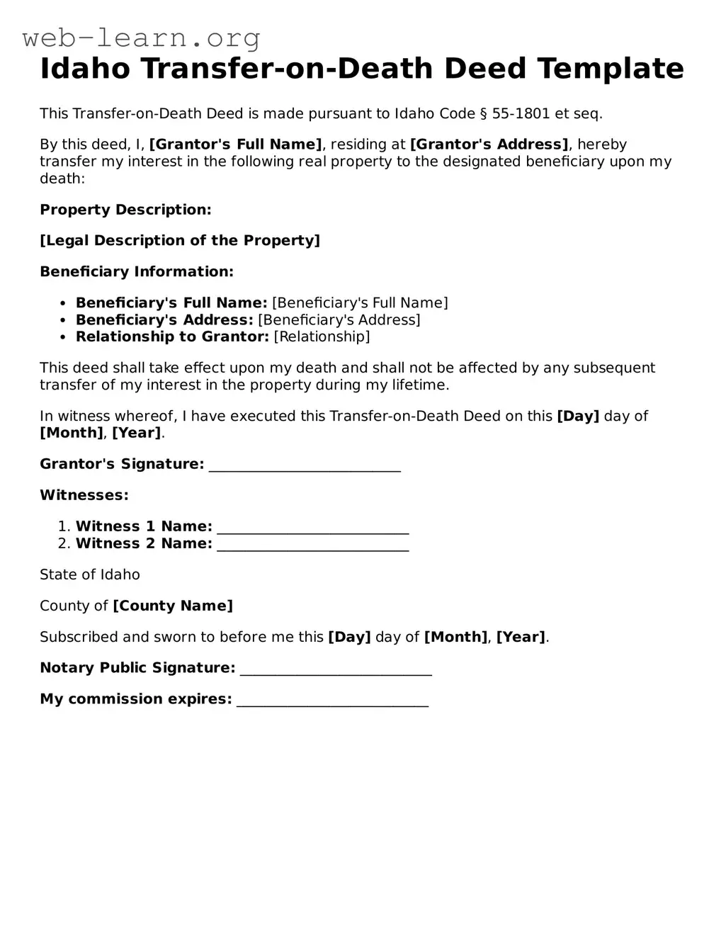 Attorney-Approved Transfer-on-Death Deed Document for the State of Idaho