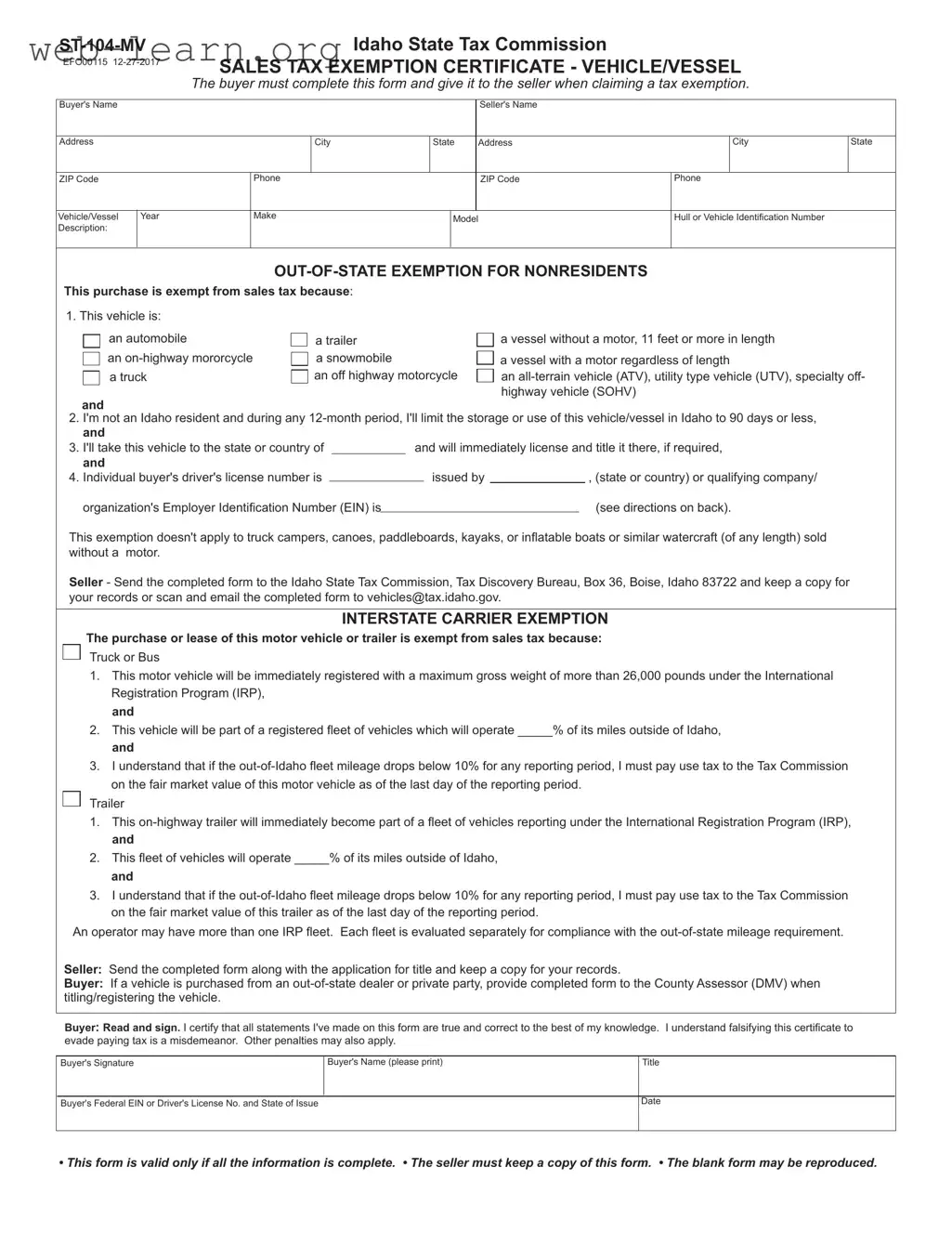 Blank Idaho St 104 Mv Form