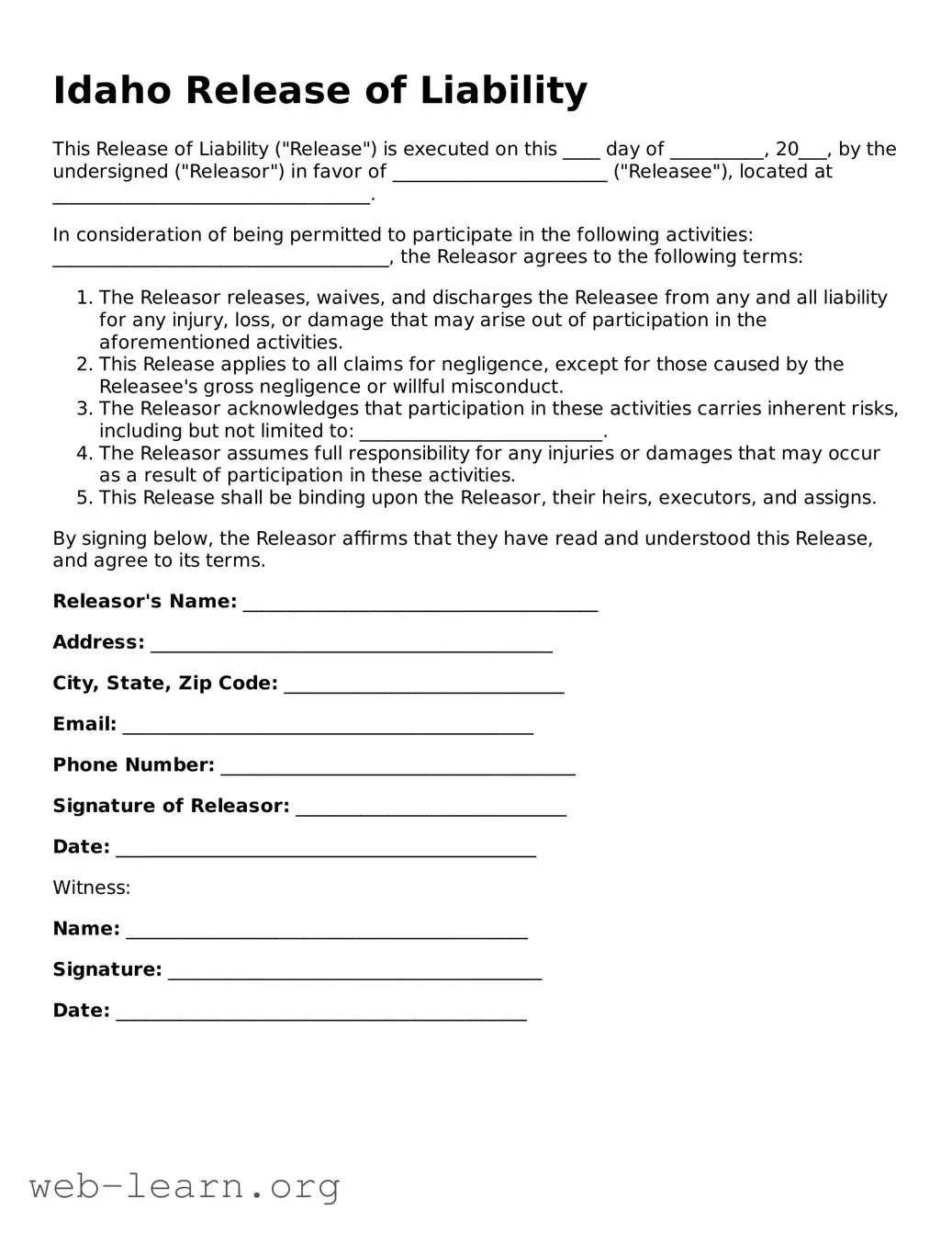 Attorney-Approved Release of Liability Document for the State of Idaho