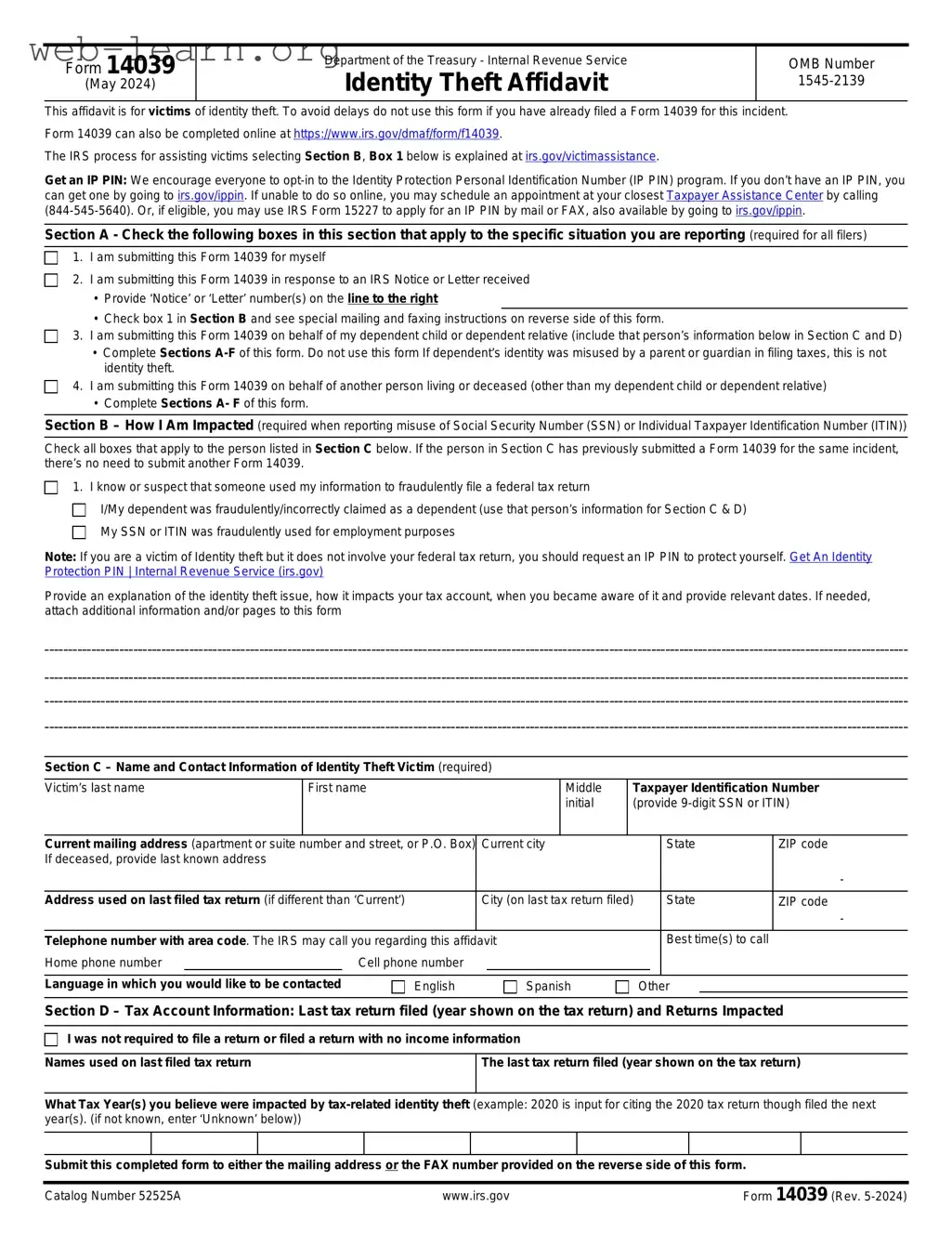 Blank IRS 14039 Form