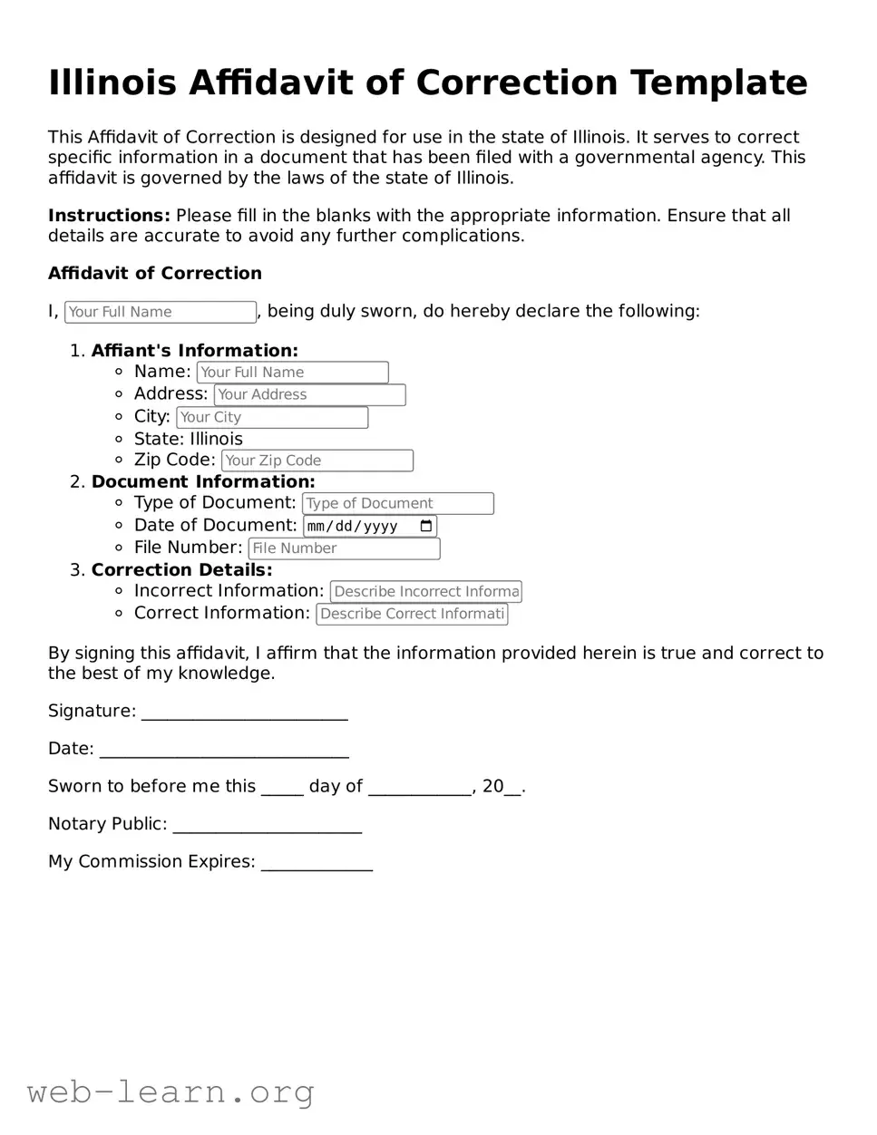 Attorney-Approved Affidavit of Correction Document for the State of Illinois