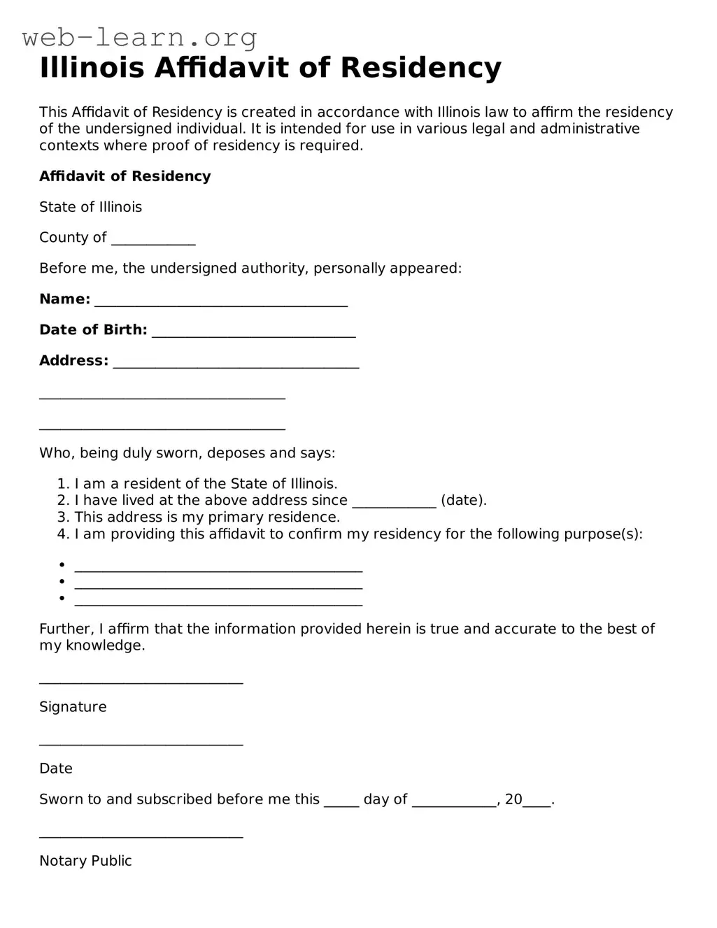 Attorney-Approved Affidavit of Residency Document for the State of Illinois