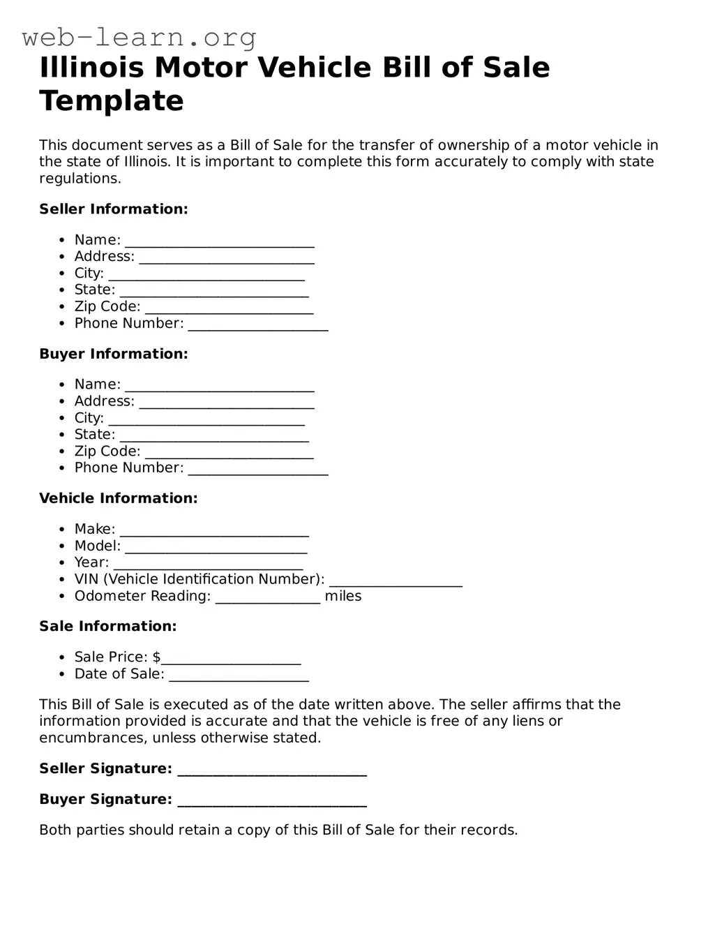 Attorney-Approved Motor Vehicle Bill of Sale Document for the State of Illinois