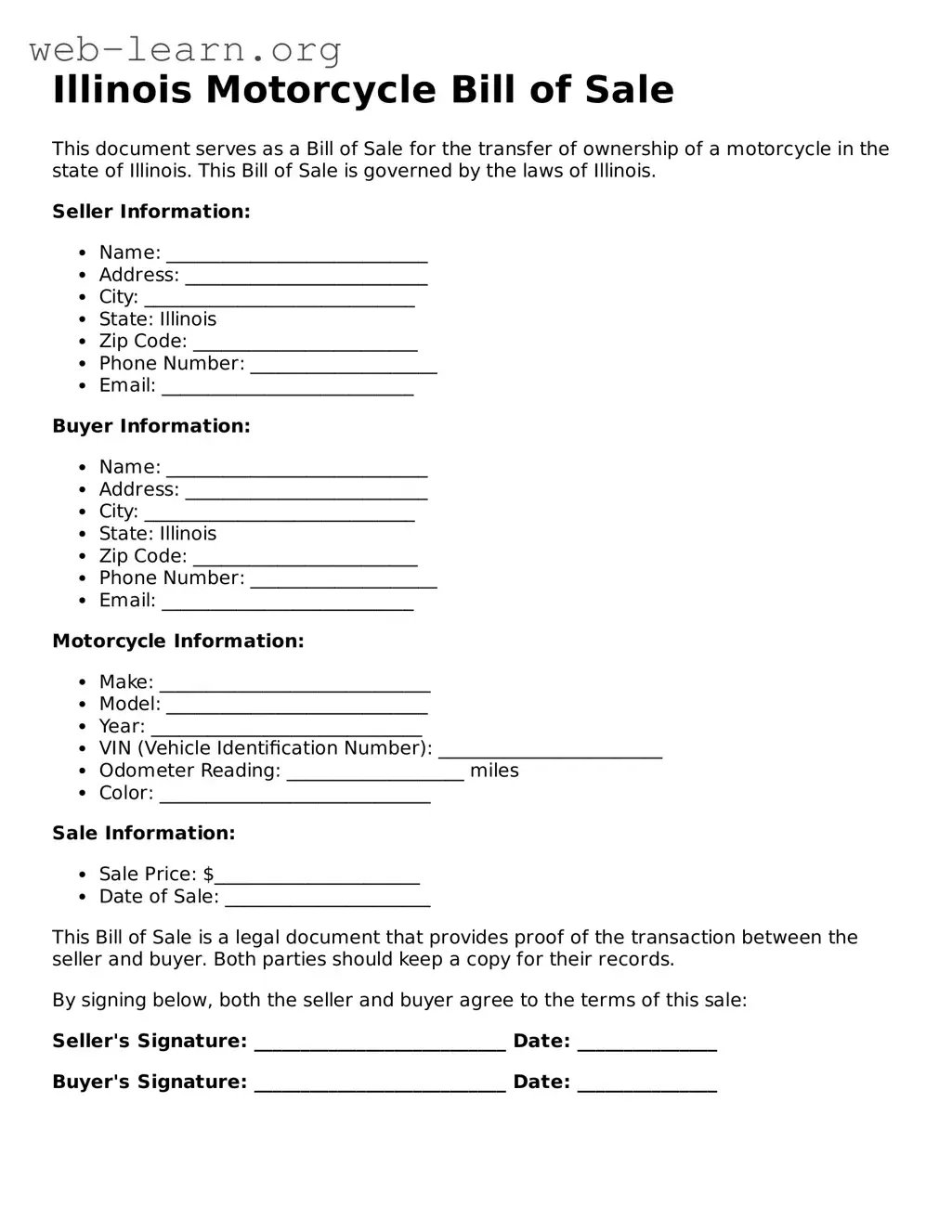 Attorney-Approved Motorcycle Bill of Sale Document for the State of Illinois