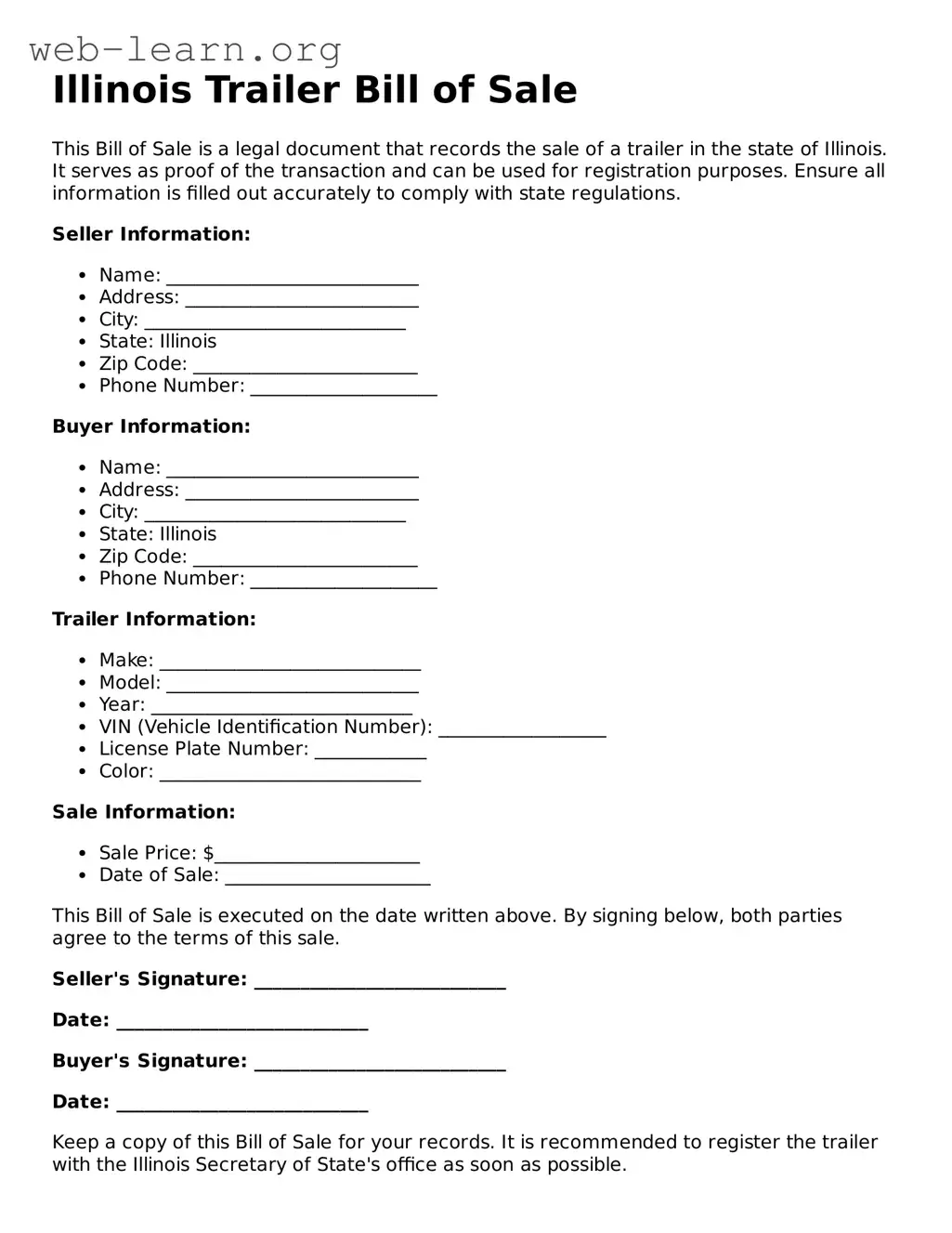 Attorney-Approved Trailer Bill of Sale Document for the State of Illinois