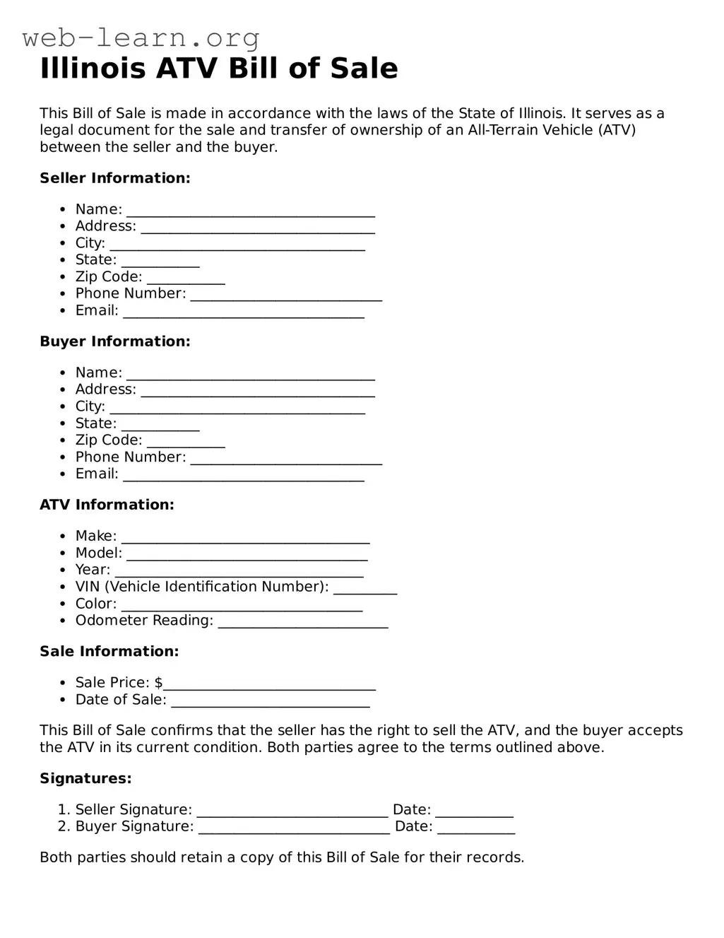Attorney-Approved ATV Bill of Sale Document for the State of Illinois