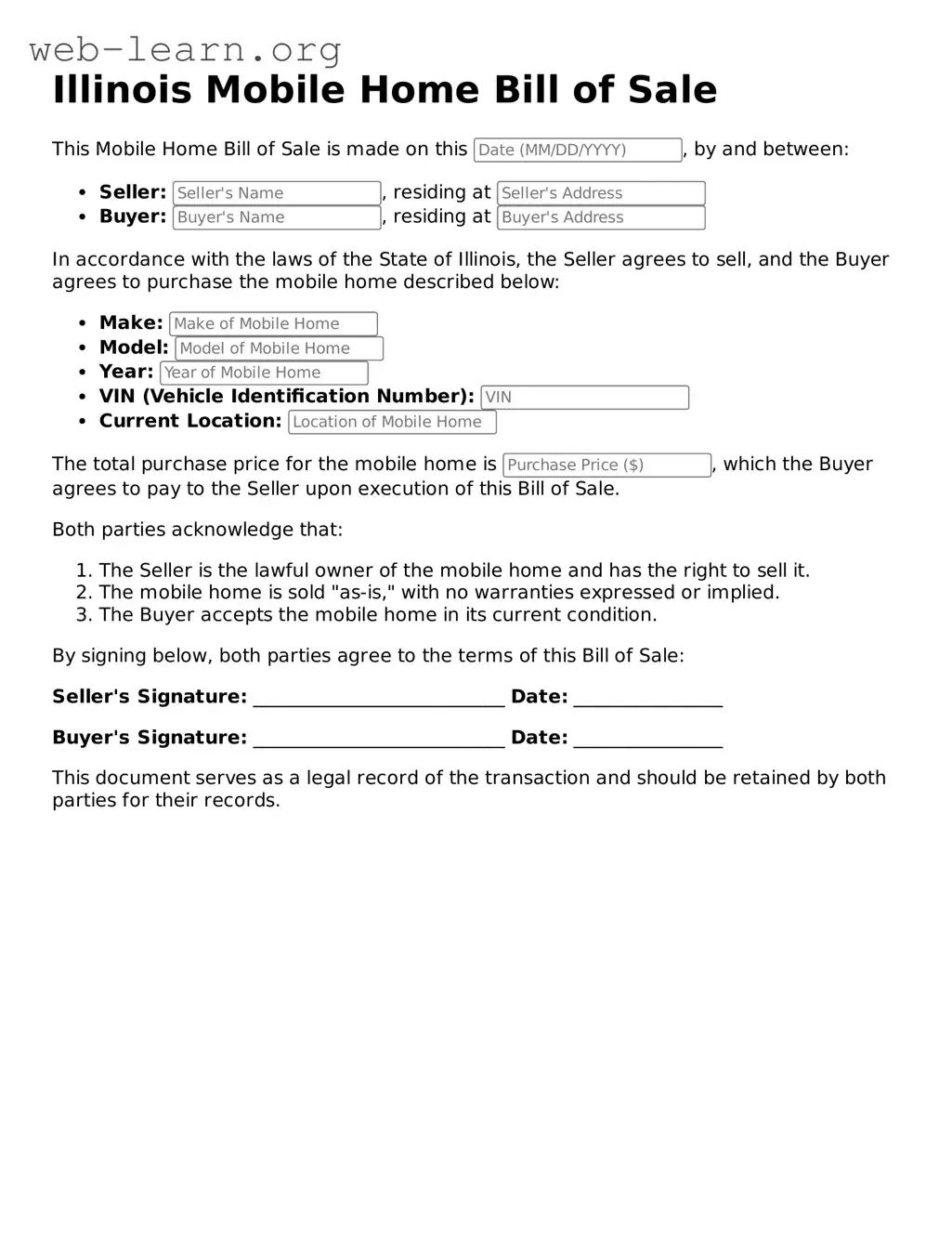 Attorney-Approved Mobile Home Bill of Sale Document for the State of Illinois