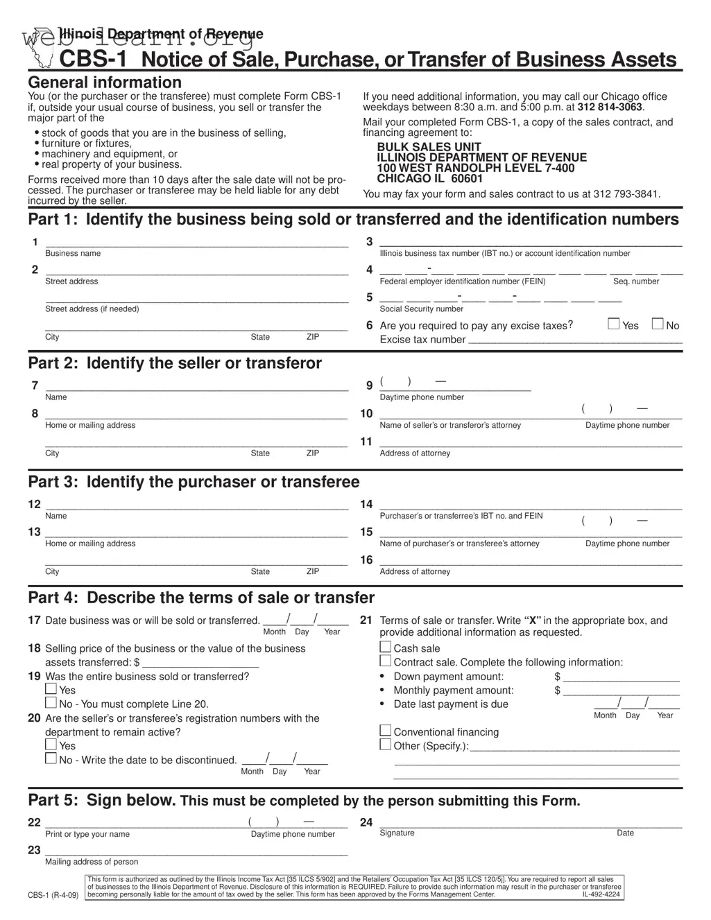 Blank Cbs 1 Illinois Form