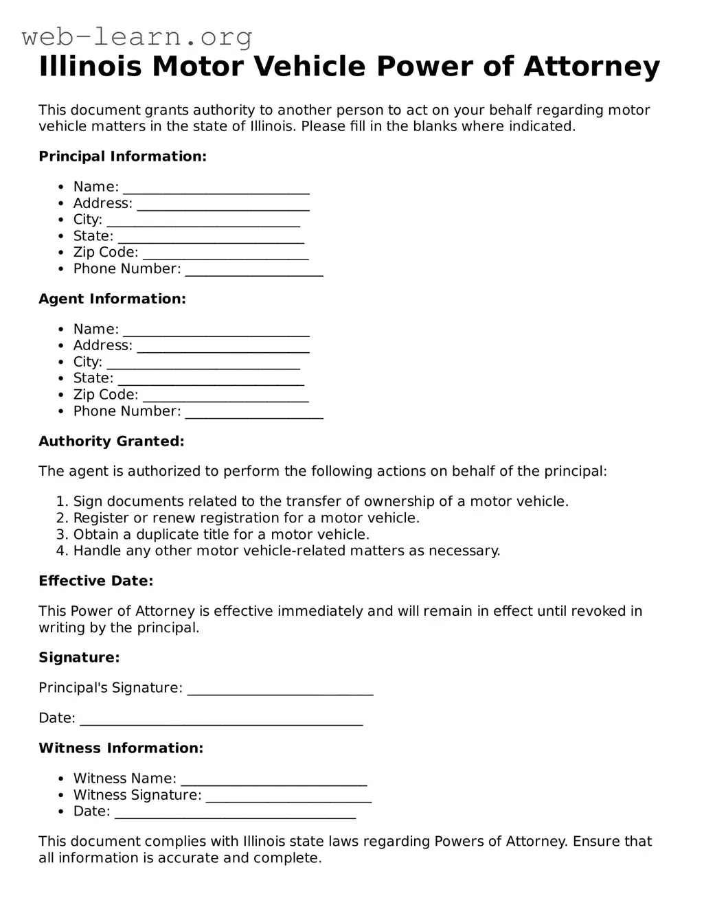 Attorney-Approved Motor Vehicle Power of Attorney Document for the State of Illinois