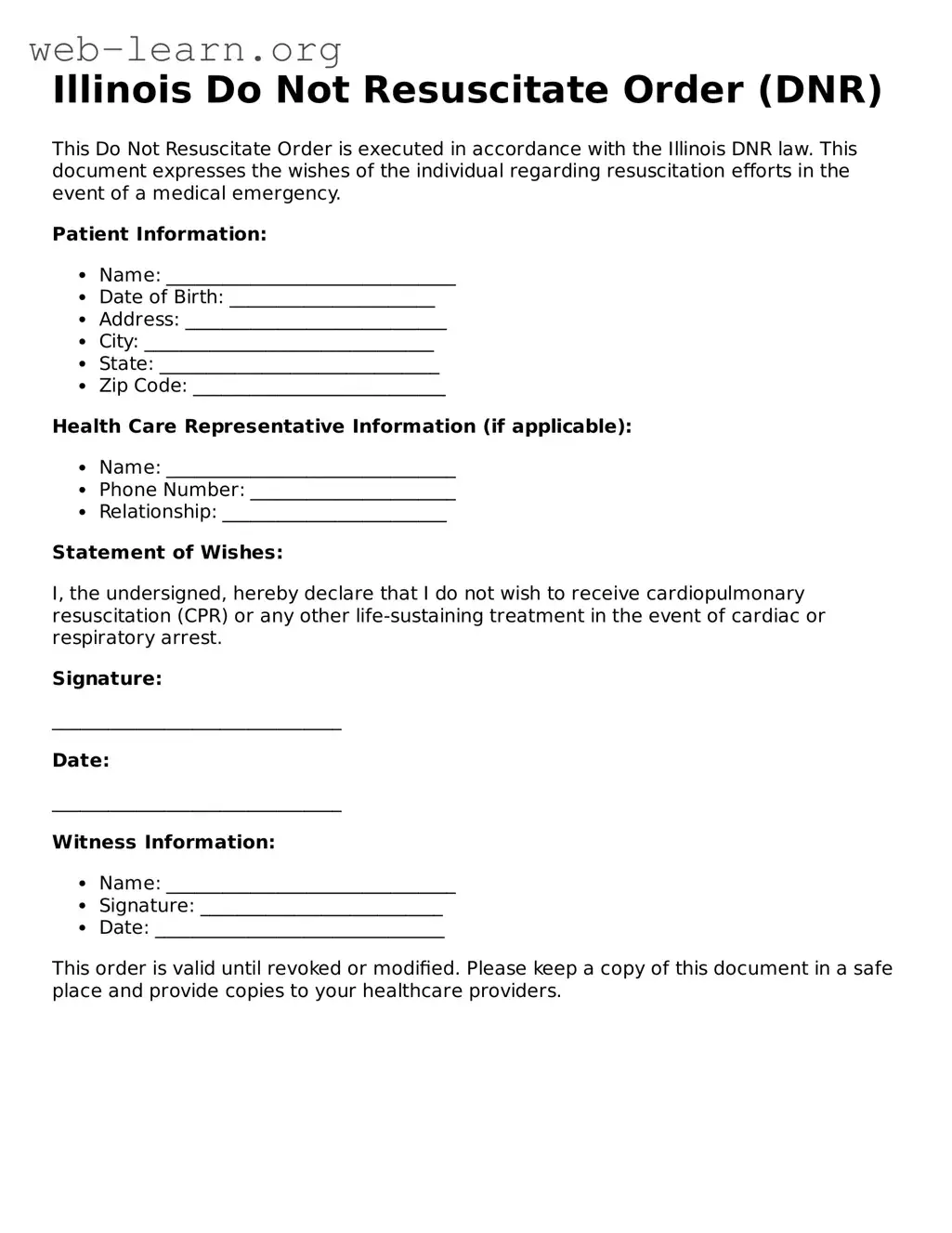 Attorney-Approved Do Not Resuscitate Order Document for the State of Illinois