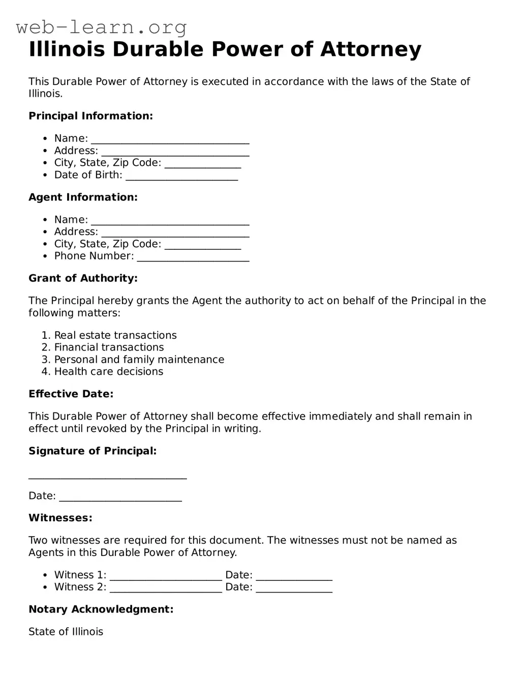 Attorney-Approved Durable Power of Attorney Document for the State of Illinois
