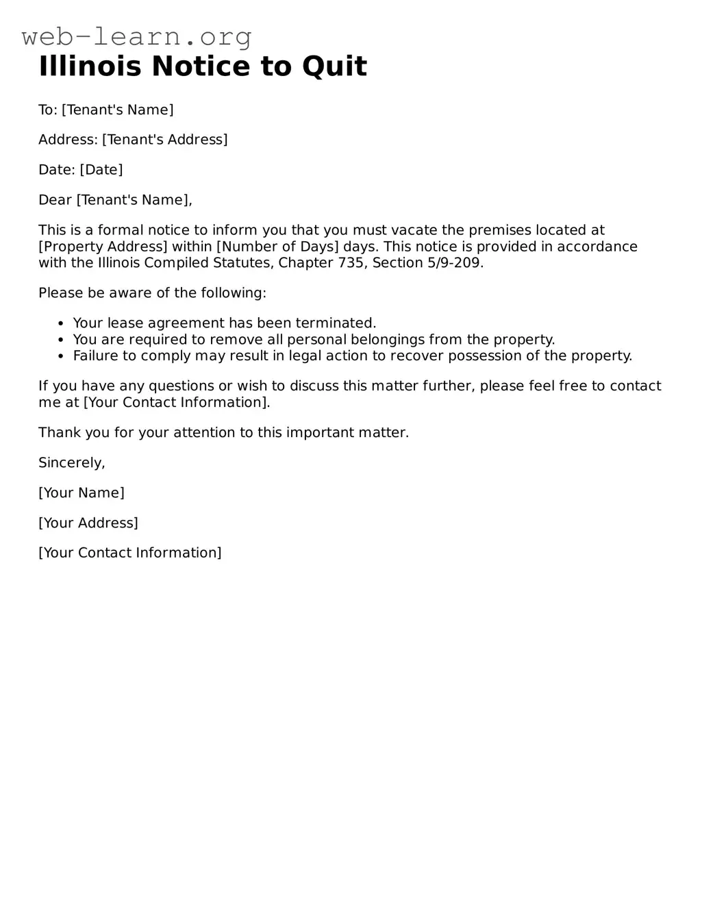 Attorney-Approved Notice to Quit Document for the State of Illinois