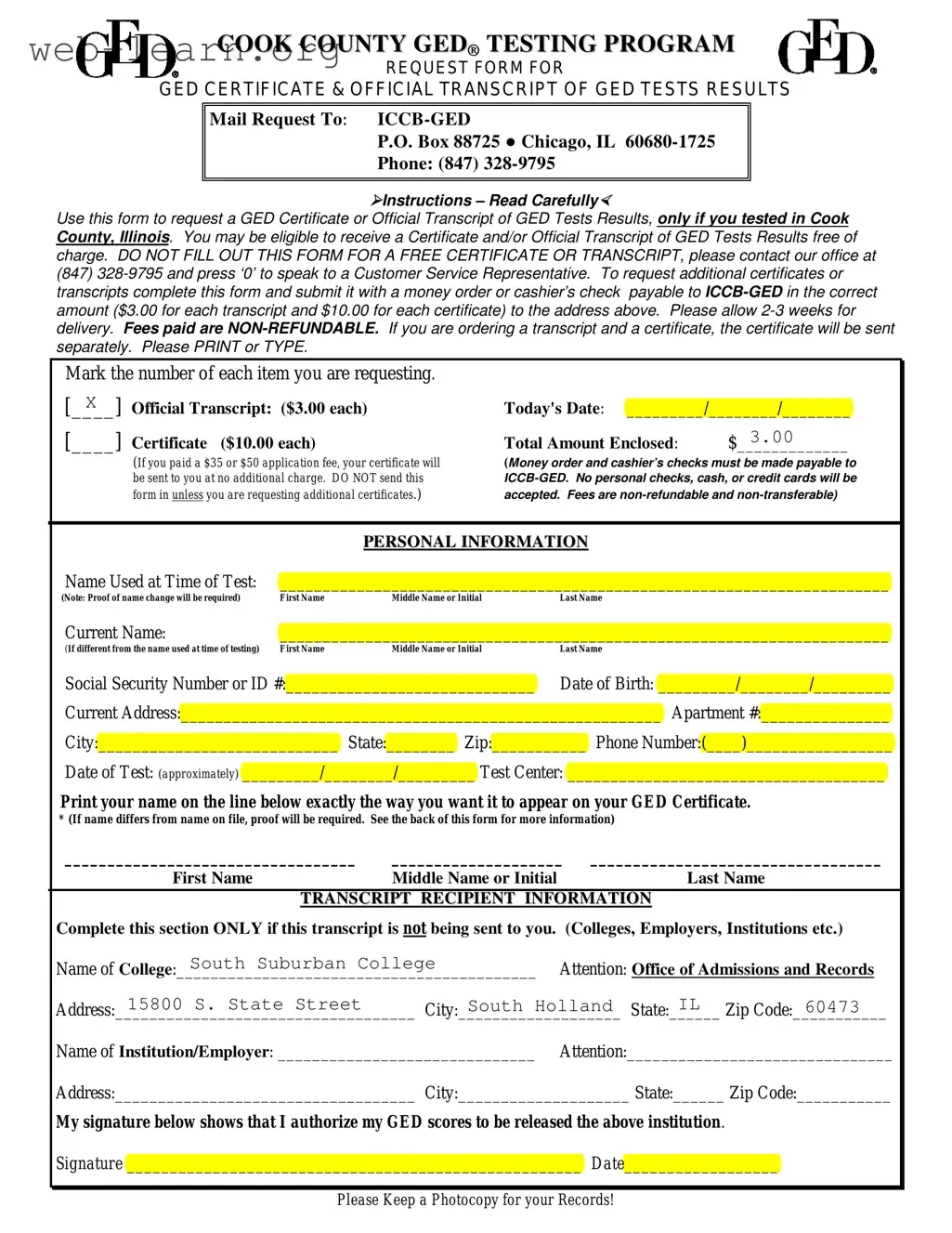 Blank Ged Illinois Form