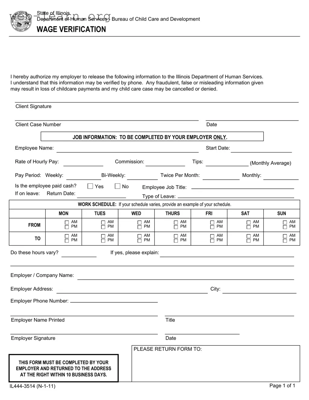 Blank Illinois Wage Verification Form