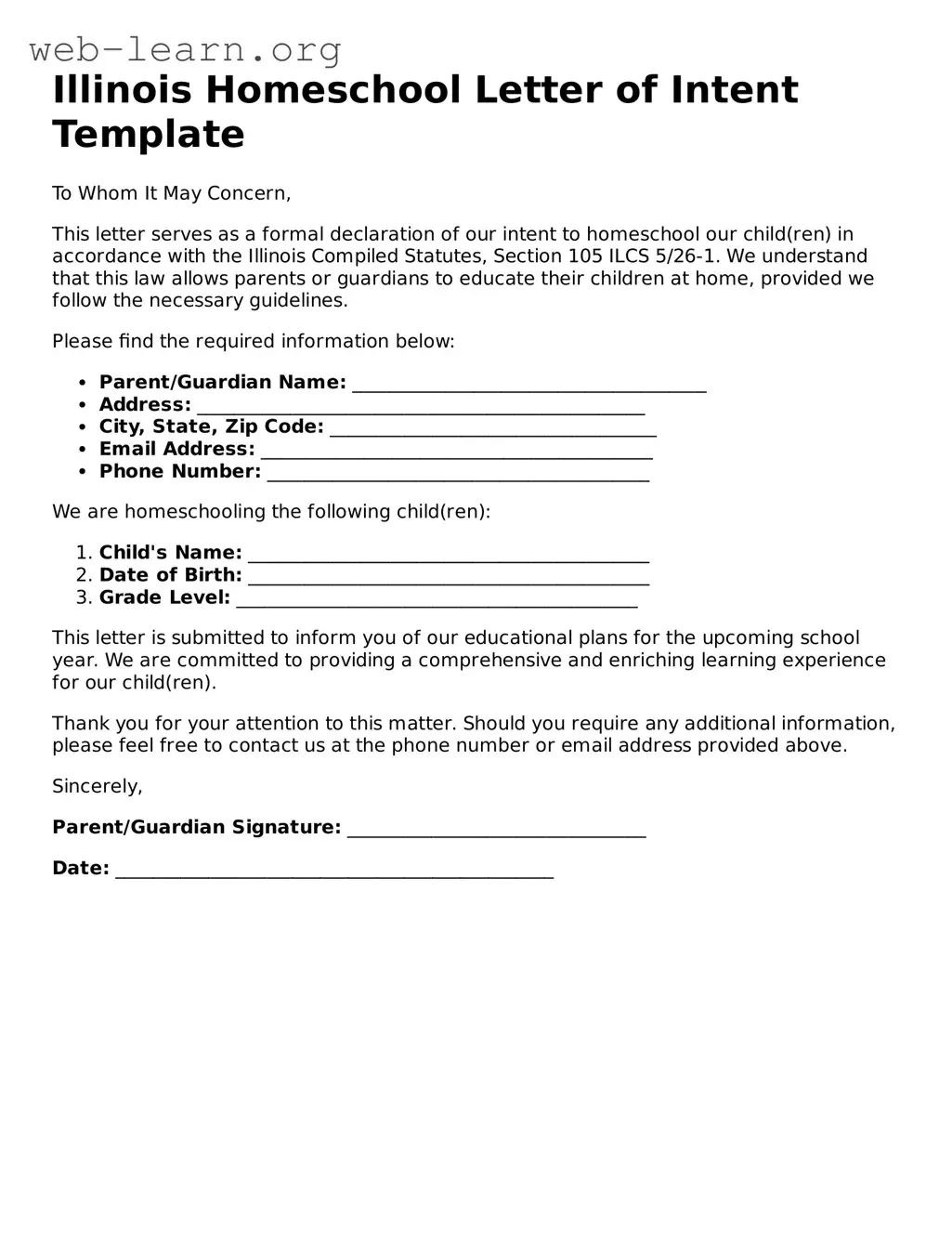 Attorney-Approved Homeschool Letter of Intent Document for the State of Illinois