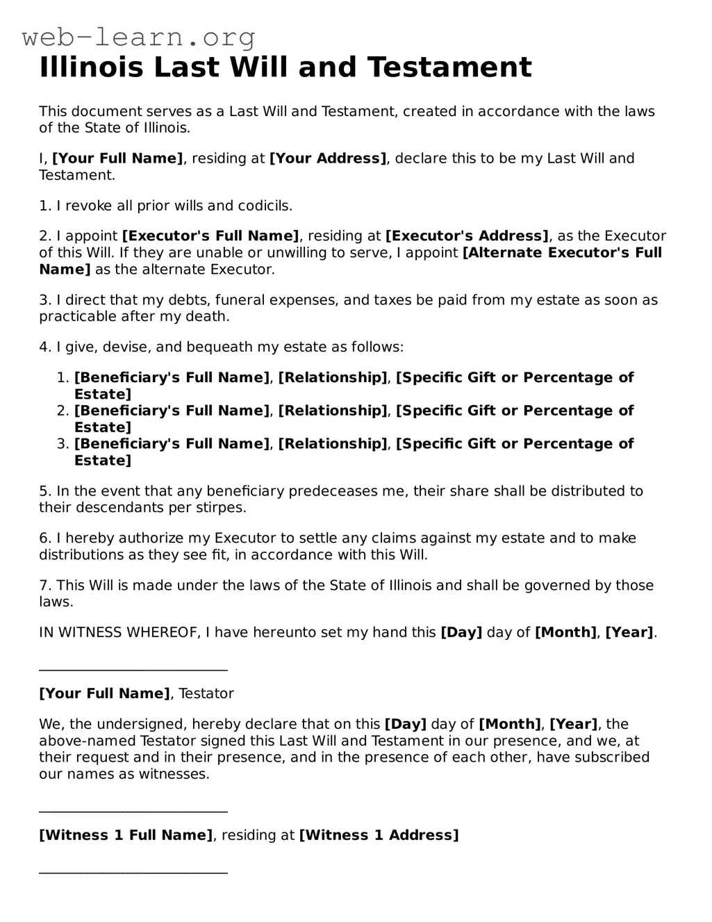 Attorney-Approved Last Will and Testament Document for the State of Illinois