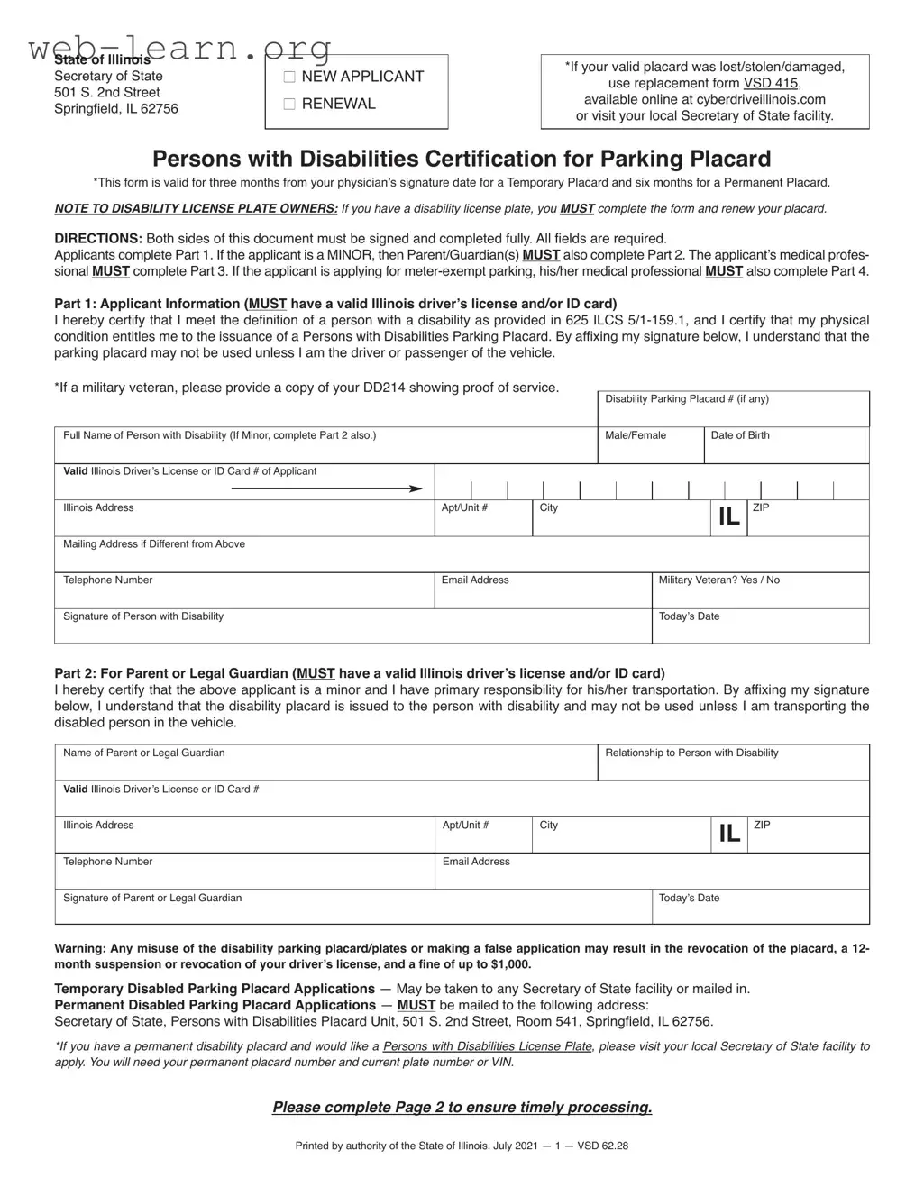 Blank Illinois Placard Form